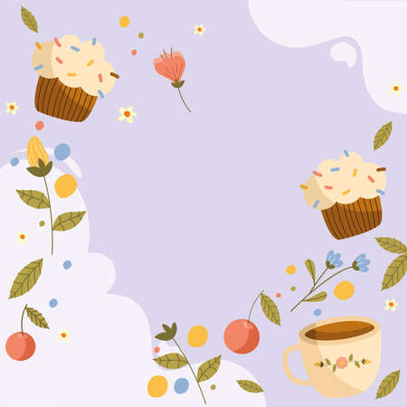spring flowers and cupcakes with coffeeのイラスト素材