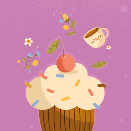 cupcake with flowers and coffeeのイラスト素材
