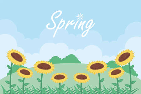 sunflowers garden spring season sceneのイラスト素材