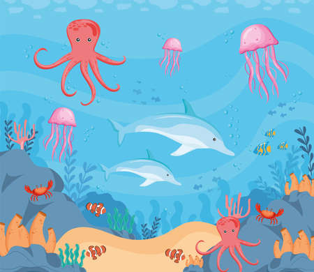 animals undersea sceneのイラスト素材