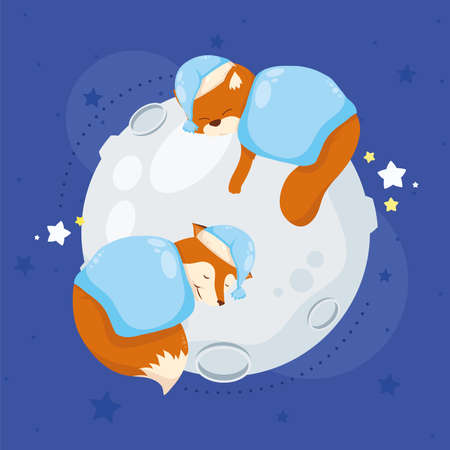 fox and bear sleeping in fullmoon charactersのイラスト素材