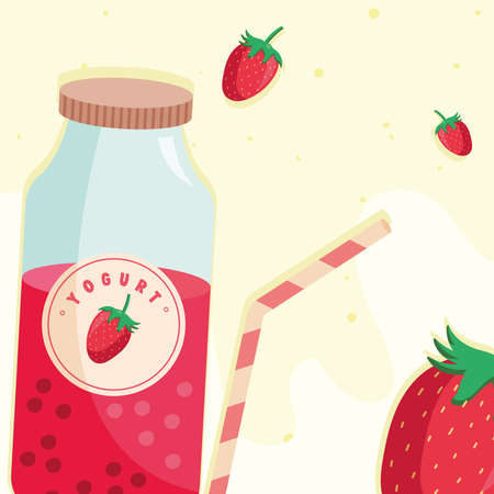 strawberry flavor yogurt bottle productのイラスト素材
