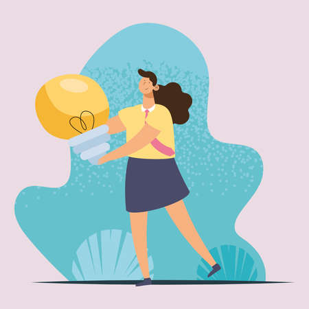 female worker lifting bulb characterのイラスト素材