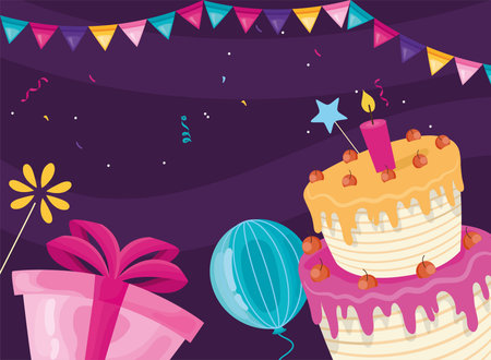 birthday cake and garlands partyのイラスト素材