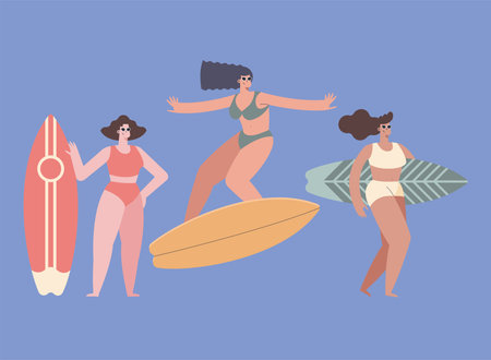 female surfers sporters characters groupのイラスト素材