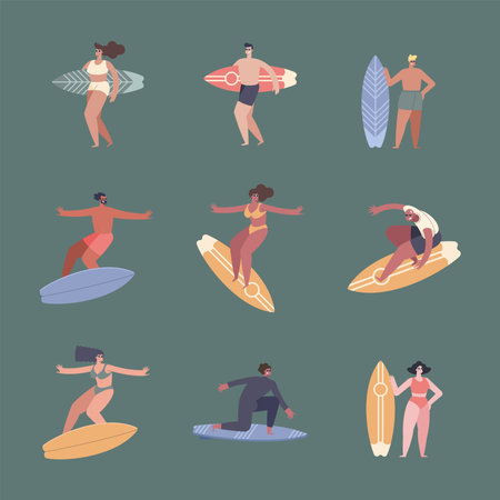nine surfers sporters characters groupのイラスト素材