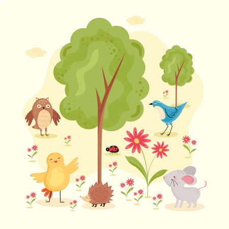 spring animals in landscapeのイラスト素材
