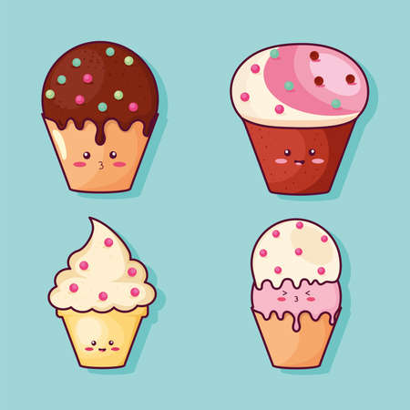 four kawaii desserts iconsのイラスト素材