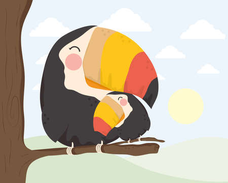 toucan mom with baby characters cardのイラスト素材