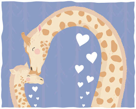 giraffe mom with baby characters cardのイラスト素材