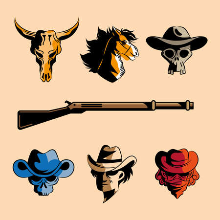 seven gunslinger wild west set iconsのイラスト素材