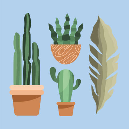 three houseplants and leafのイラスト素材