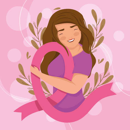 woman hugging pink ribbonのイラスト素材