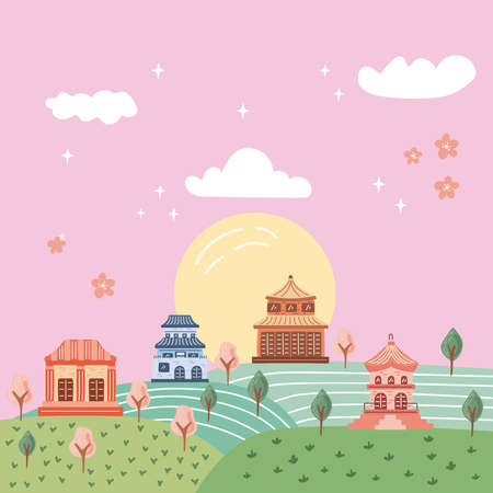 korean landscape with houses in fieldのイラスト素材
