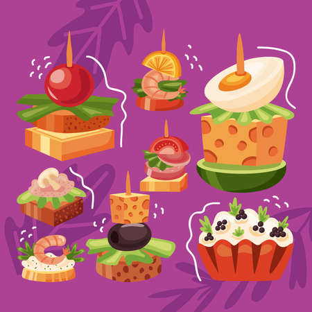 eight delicious appetizers snacksのイラスト素材