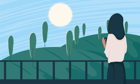 female traveler looking at the horizonのイラスト素材