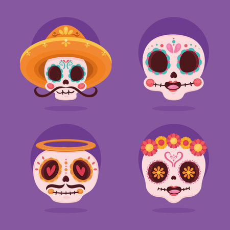 four dia de los muertos skullsのイラスト素材