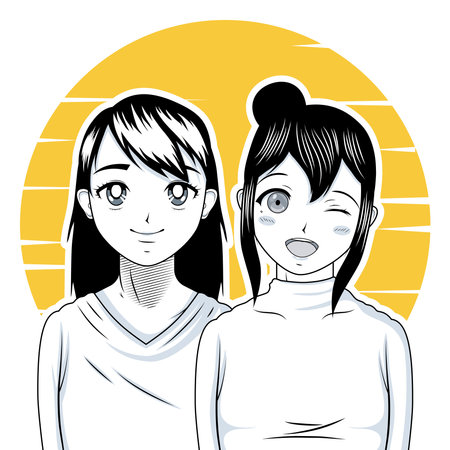 two girls anime styleのイラスト素材