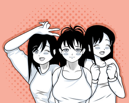 three girls anime styleのイラスト素材