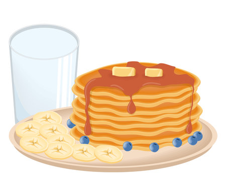 pancakes and fruits with milkのイラスト素材