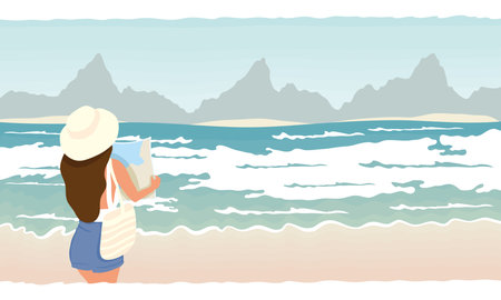 woman with map on the beachのイラスト素材