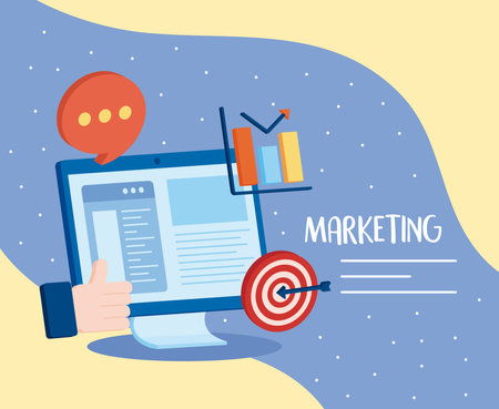 digital marketing lettering with desktopのイラスト素材