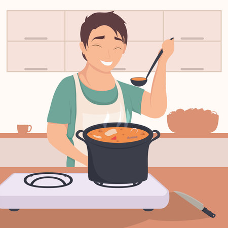 man cooking soup sceneのイラスト素材
