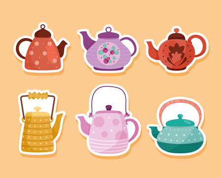 six kitchen teapots iconsのイラスト素材