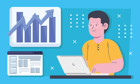 business man with laptop and statistics arrow