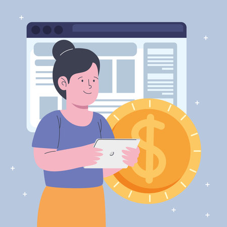 business woman with coin and templateのイラスト素材
