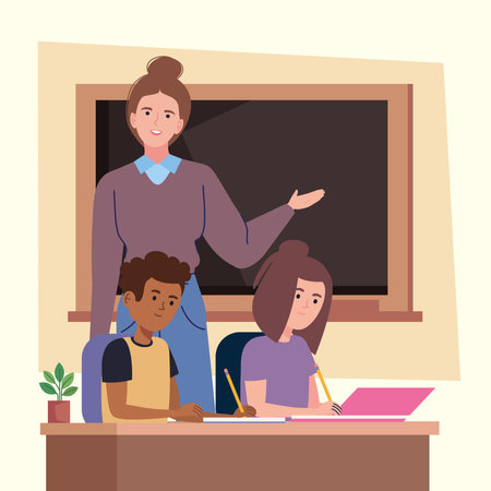 female teacher with students kidsのイラスト素材