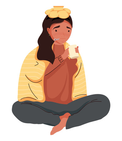 woman sick drinking tea hotのイラスト素材
