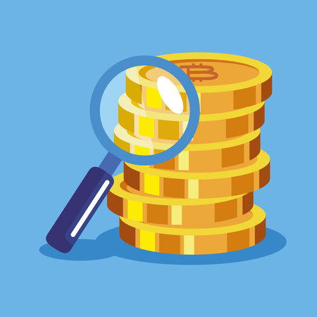 pile bitcoins with magnifying glassのイラスト素材