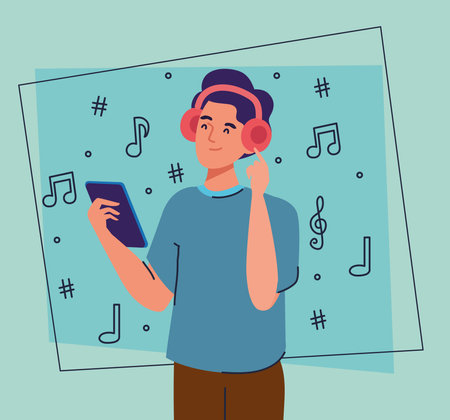 man listening music in smartphoneのイラスト素材