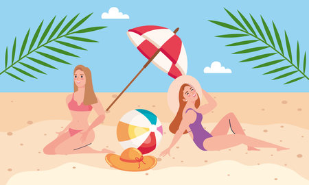 girls couple tanning on the beachのイラスト素材