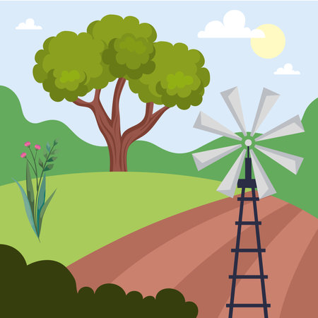 windmill and camp sceneのイラスト素材