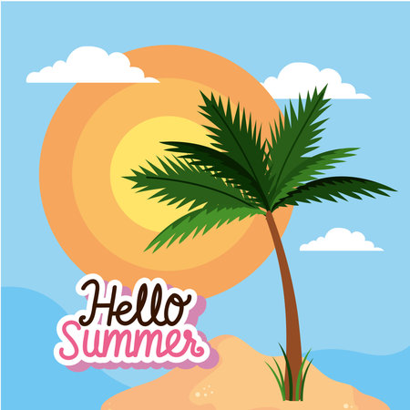 hello summer lettering with palmのイラスト素材