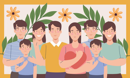 korean couples with sons and flowersのイラスト素材