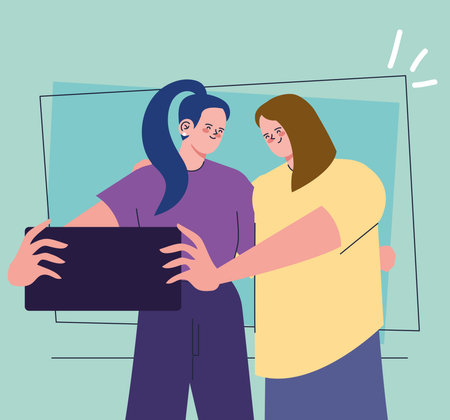 girls taking a selfie sceneのイラスト素材