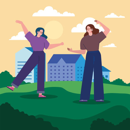 girls couple friends with buildingsのイラスト素材