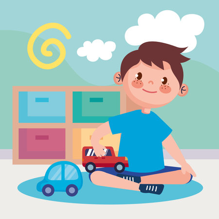 little boy playing with carsのイラスト素材