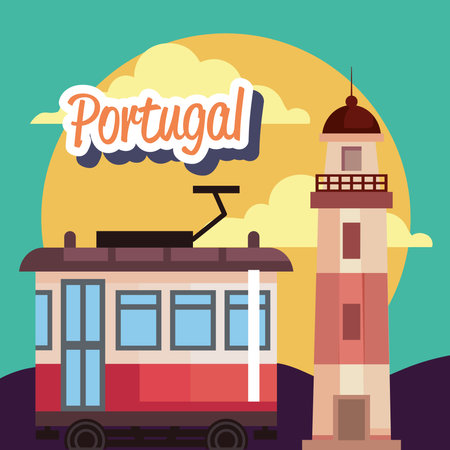 portugal lettering with tram and lighthouseのイラスト素材