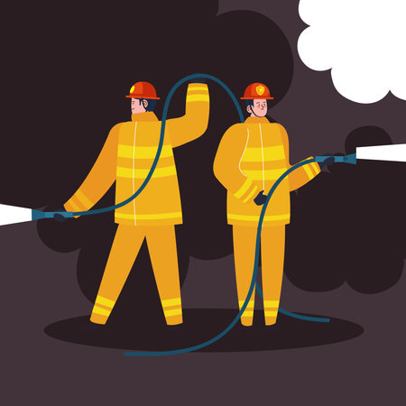 firefighters professionals with hoseのイラスト素材