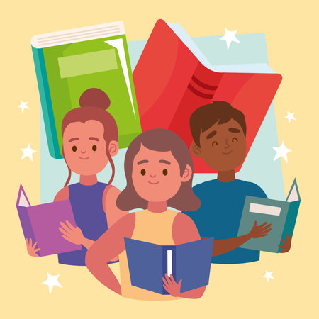 three kids reading booksのイラスト素材