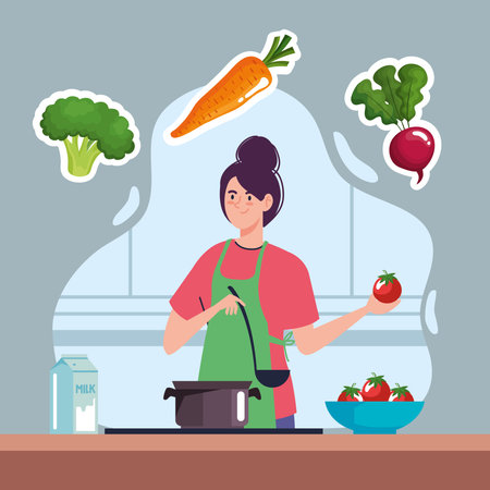 woman cooking vegetarian foodのイラスト素材