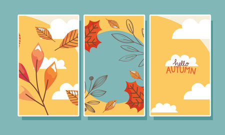 hello autumn lettering three cardsのイラスト素材