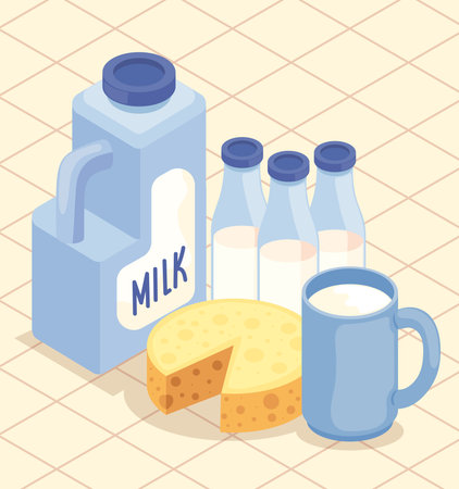 milk bottles and cheeseのイラスト素材
