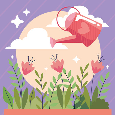 gardening sprinkler pot with flowersのイラスト素材