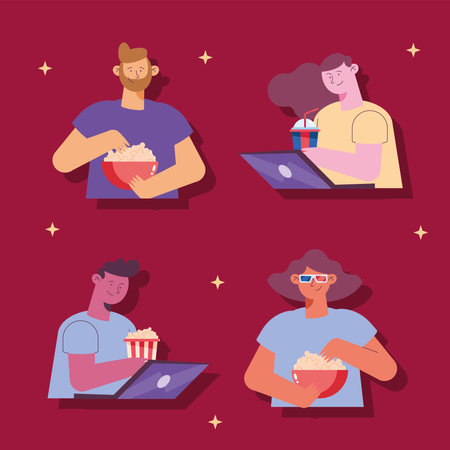 four persons watching a movieのイラスト素材