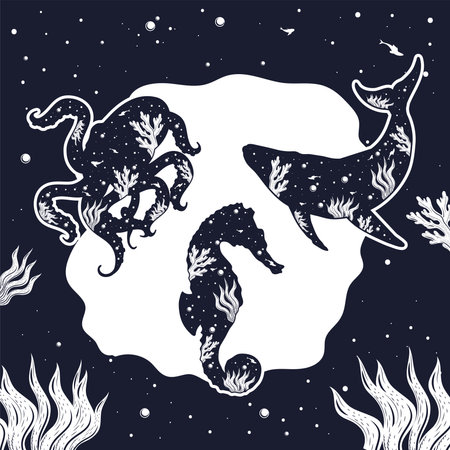 sealife and seaweed surrealのイラスト素材